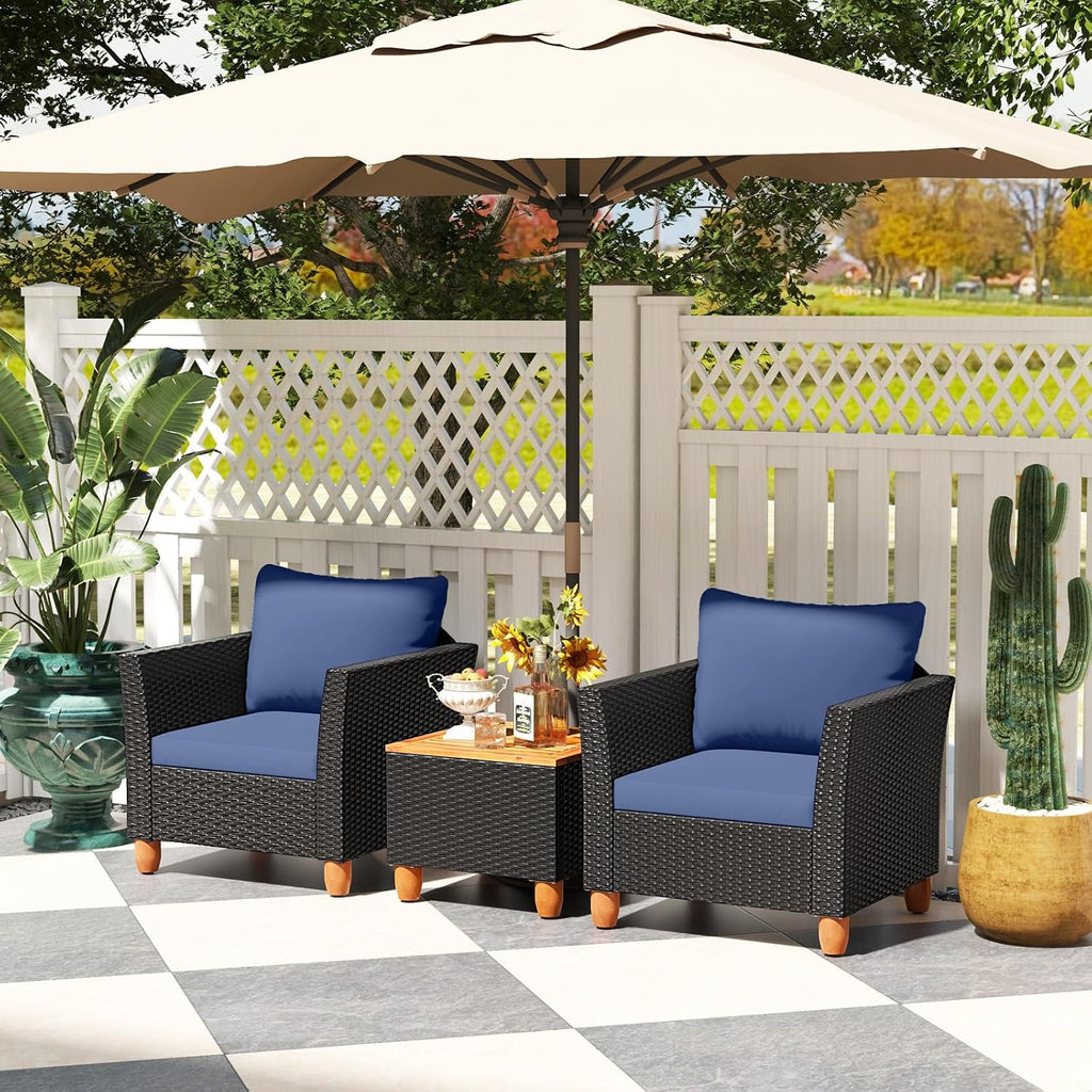 Tangkula 3 Pieces Patio Porch Furniture Set, PE Rattan Wicker Chair Conversation Set with Cushions and Storage Table, Outdoor Acacia Wood Bistro Set for Garden, Poolside