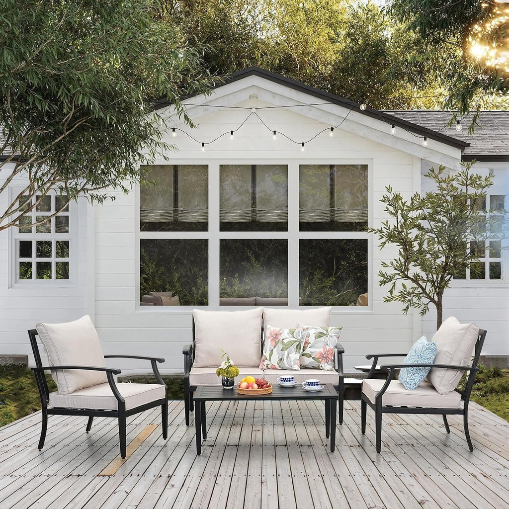 JOYURE 4 Pieces Patio Furniture Set w/loveseat,Coffe Table,Outdoor Conversation Metal Sofa with High Back and Thick Cushion,for Backyard,Garden,Beige