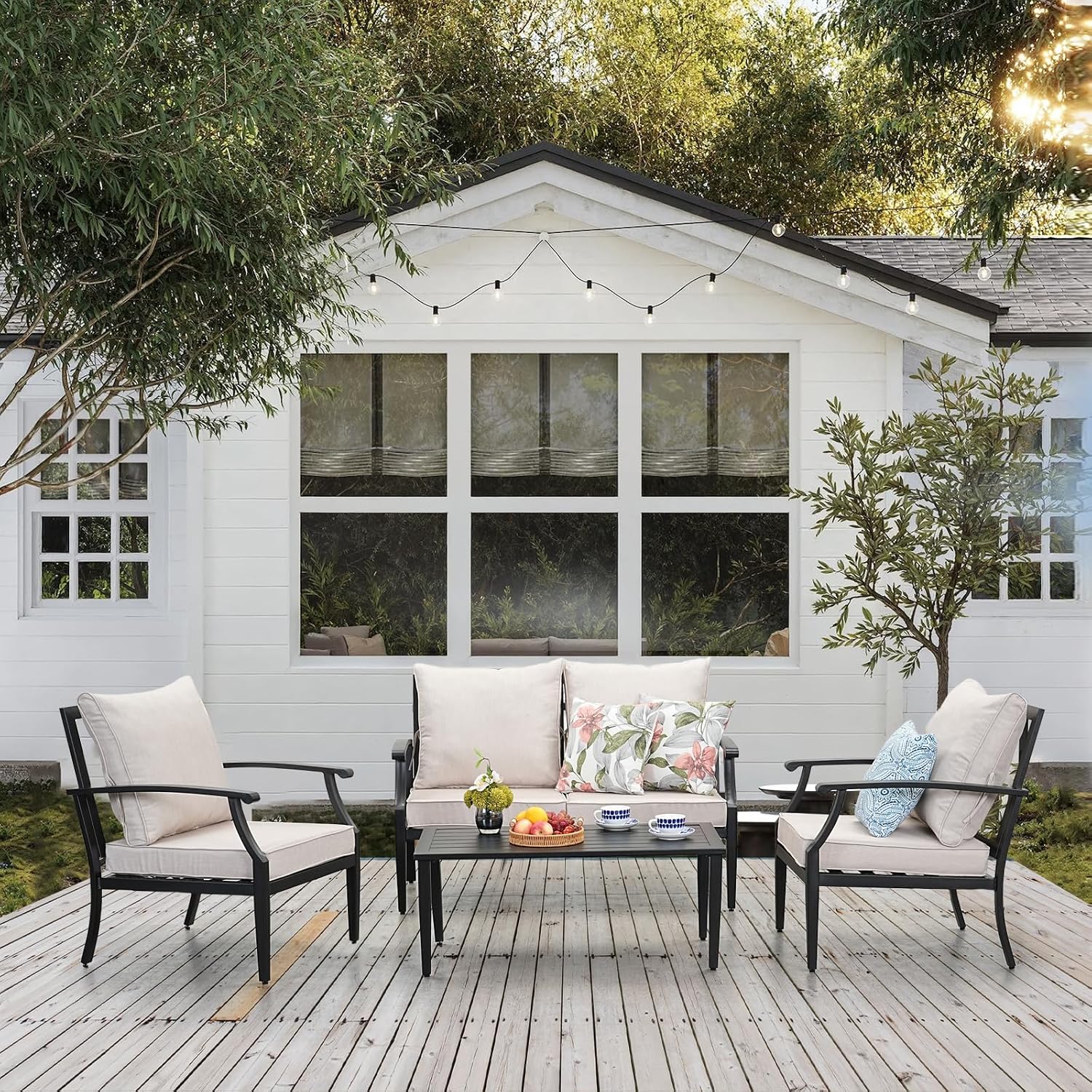 JOYURE 4 Pieces Patio Furniture Set w/loveseat,Coffe Table,Outdoor Conversation Metal Sofa with High Back and Thick Cushion,for Backyard,Garden,Beige