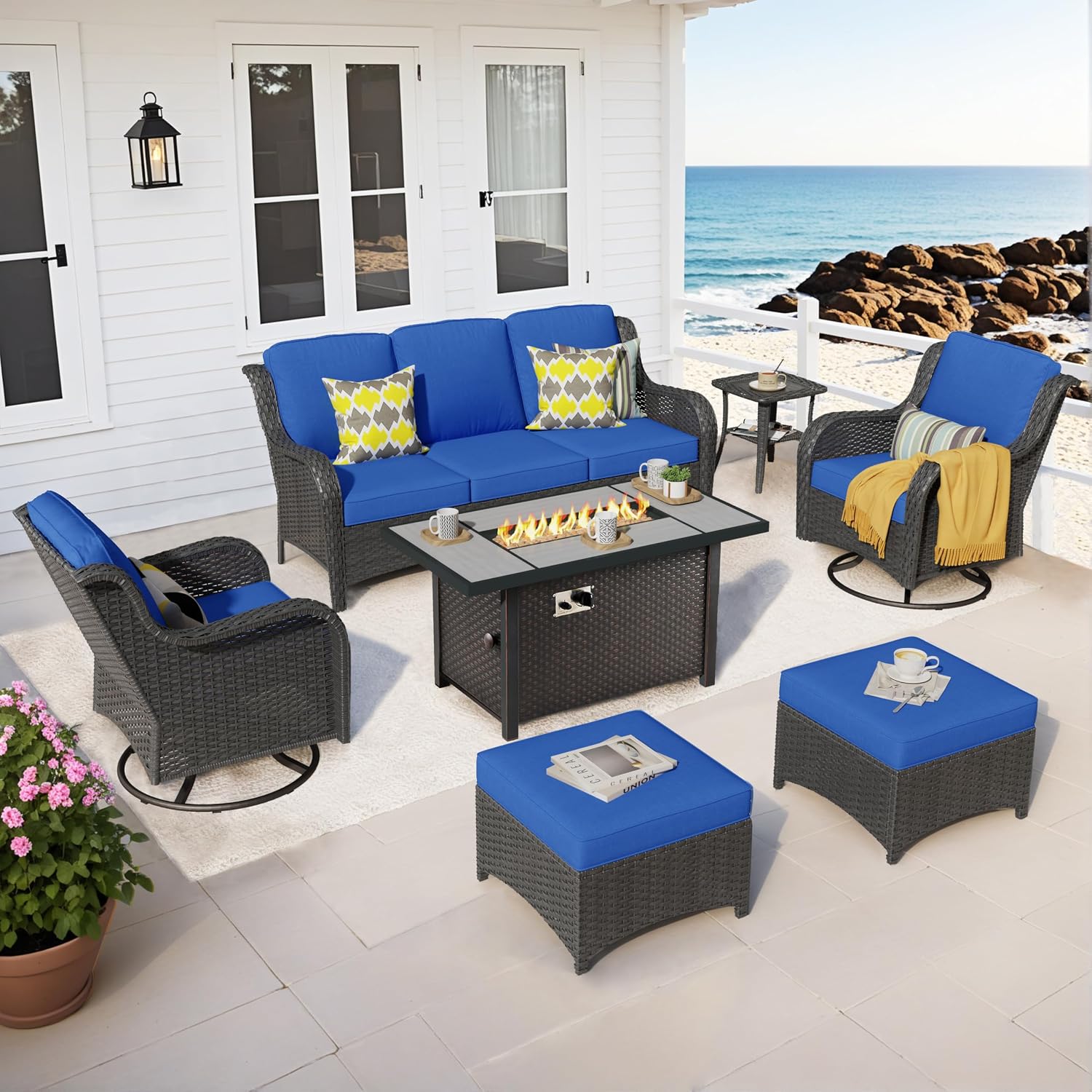 ovios 7 Pieces Patio Furniture Set with 42 inch Fire Pit Table, Outdoor Wicker Sofa Couch Swivel Rocking Glider Chairs, Modern Luxury Conversation Set, Brown Wicker, Navy Blue