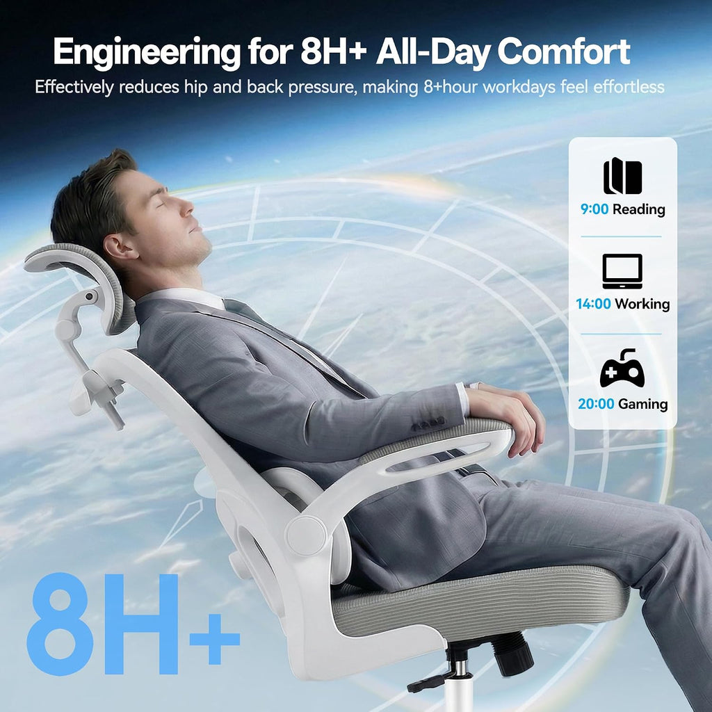 AreShark Office Chair Ergonomic Desk Chairs with Adjustable Lumbar Support& Headrest Hanger, High Back Breathable Mesh Chair with Wheels, Rolling Swivel Comfy Task Computer Chair for Home Work Gaming