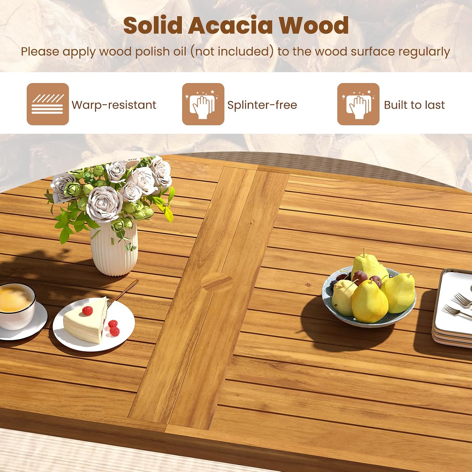Tangkula 7 Pieces Patio Dining Table Set, 63' Rectangle Acacia Wood Table with Umbrella Hole and 6 Cushioned Armchairs, Outdoor Dinette Furniture for Garden Backyard Kitchen