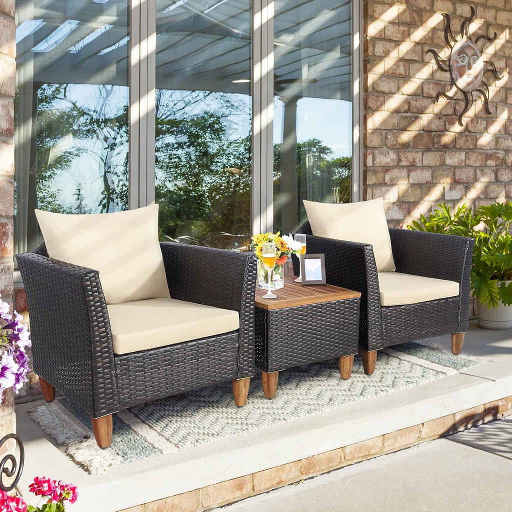 Tangkula 3-Piece Patio Furniture Set, Patiojoy Outdoor PE Wicker Bistro Set with Soft Cushions and Solid Acacia Wood, Outdoor Conversation Set with Porch, Balcony and Garden (Beige)