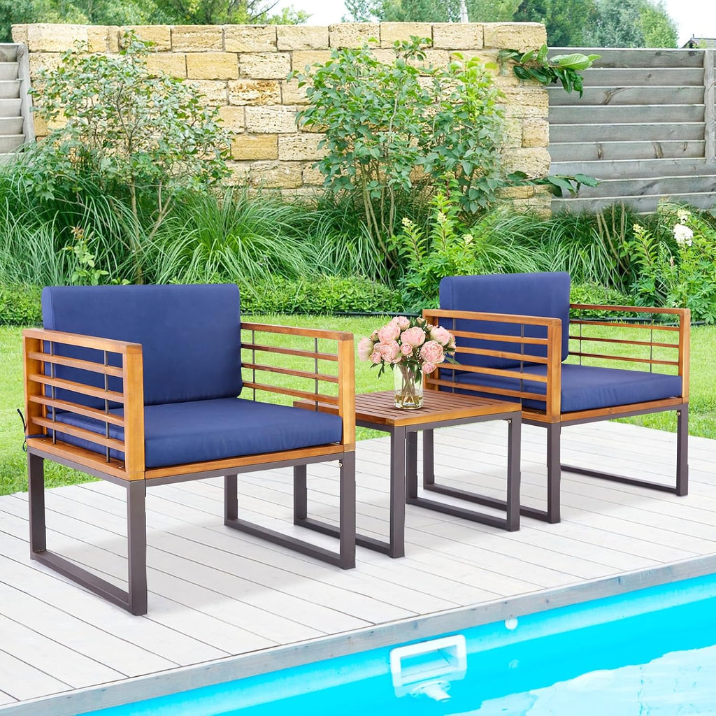 Tangkula 3 Pieces Acacia Wood Patio Bistro Set, Outdoor Conversation Set with Cushioned Armchairs and Square Coffee Table, Patio Furniture Set for Porch, Deck, Balcony