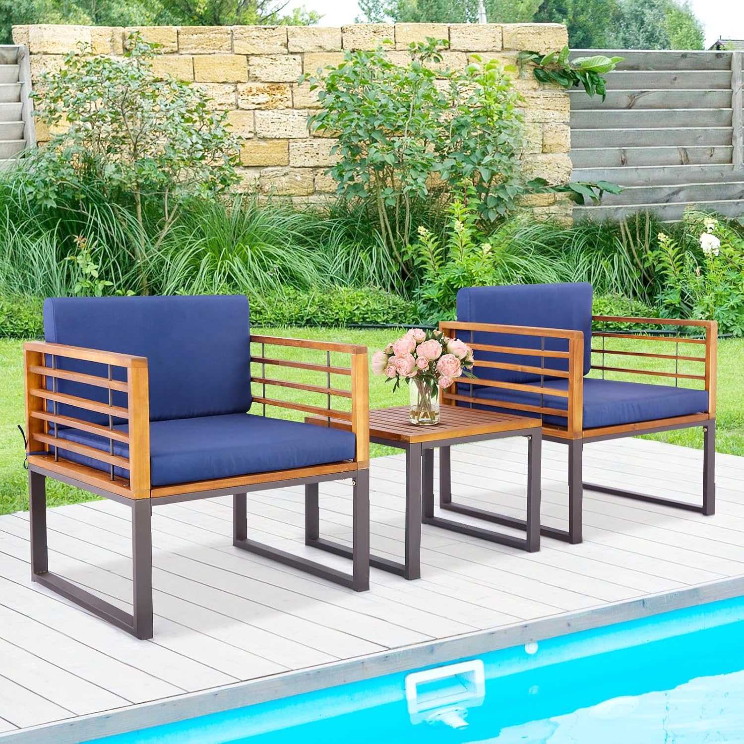 Tangkula 3 Pieces Acacia Wood Patio Bistro Set, Outdoor Conversation Set with Cushioned Armchairs and Square Coffee Table, Patio Furniture Set for Porch, Deck, Balcony