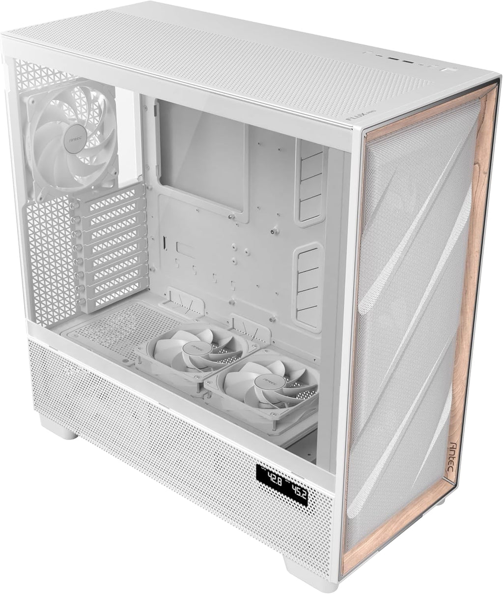 Antec Flux Pro White, 6 x PWM Fans Included, High-Airflow Front Panel with Birch Wood, iShift PSU 90° Mount, USB3.0 x 2, Type-C, 420mm Radiator Support, Temp. Display, Full-Tower E-ATX PC Case