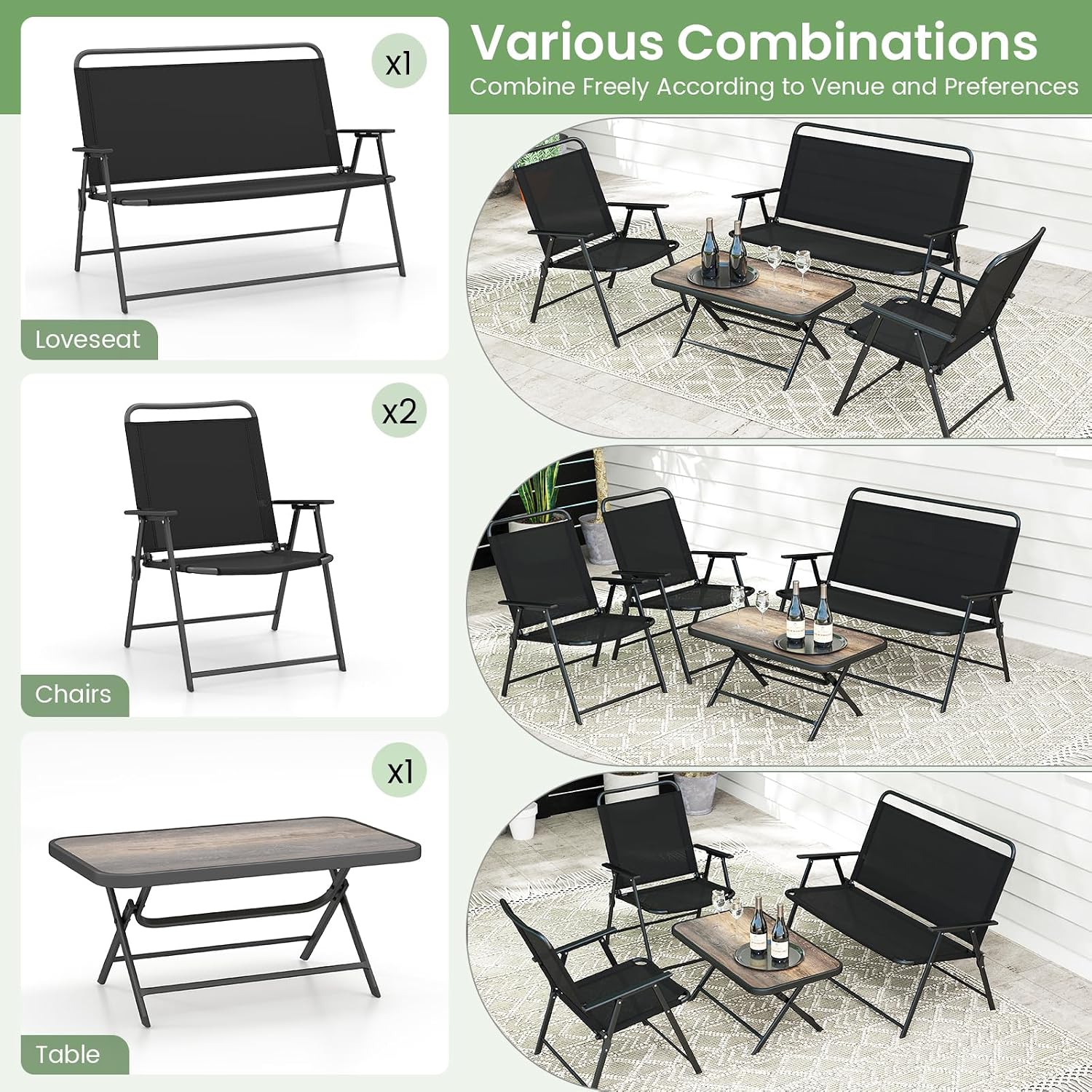 Tangkula 4 Piece Folding Patio Furniture Set, Metal Chair & Table Set with Breathable Fabric Seat, Outdoor Sectional Conversation Set with 2 Patio Chairs, Loveseat, Coffee Table for Yard Porch Deck