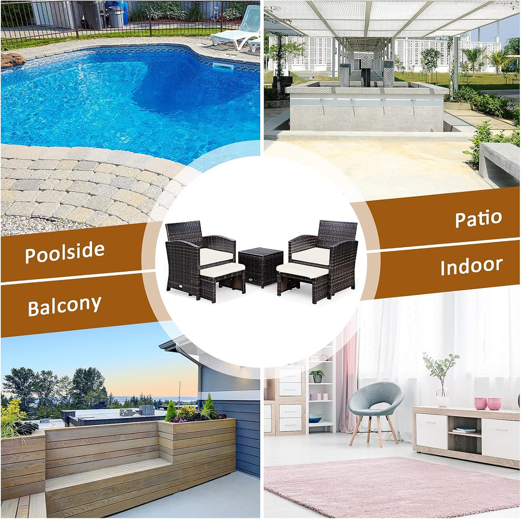 Tangkula 5 Pieces Wicker Patio Conversation Set, PE Rattan Outdoor Chairs & Ottomans Set with Single-Door Storage Coffee Table, Space-Saving Patio Furniture for Poolside, Backyard, Lawn, Deck (White)