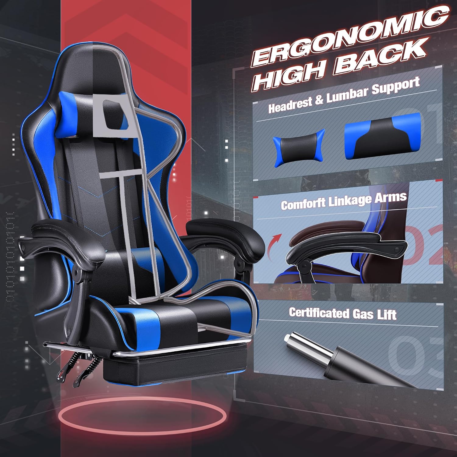 Furmax Gaming Chair, Video Game Chair with Footrest and Massage Lumbar Support, Swivel Seat Height Adjustable Computer Chair with Headrest, Racing E-Sport Gamer Chair (Blue)