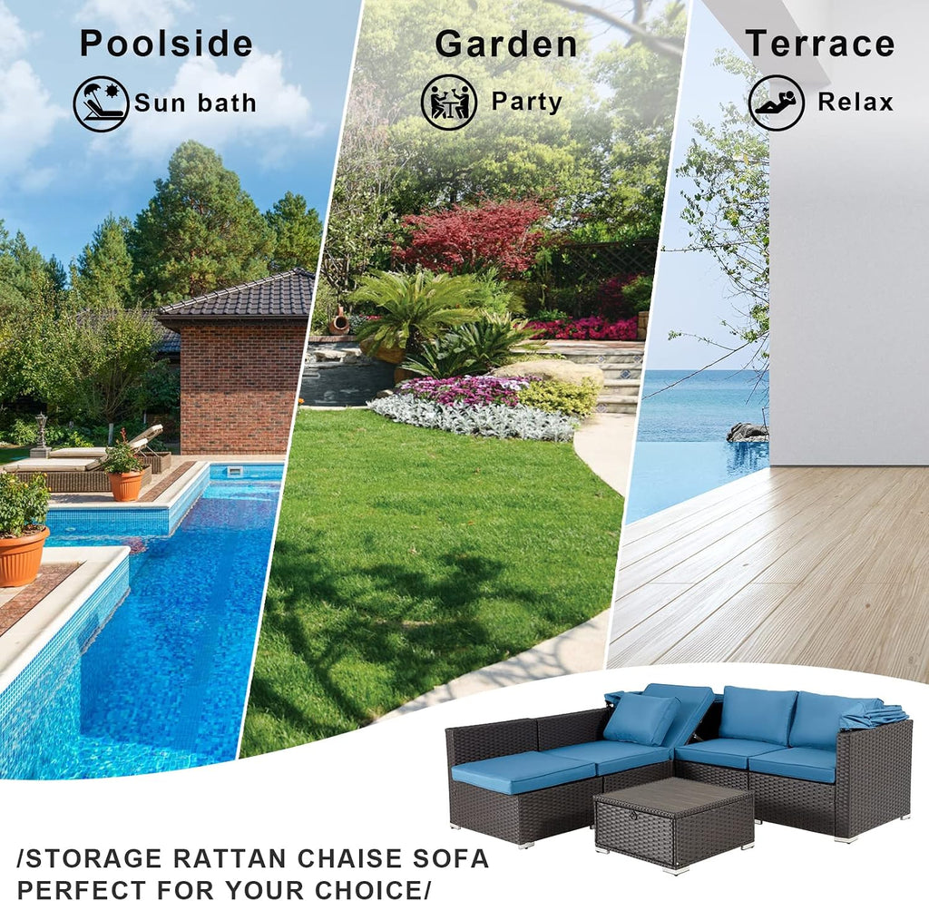 HOMREST 6 Pieces Patio Furniture Sets, Rattan Daybed with Retractable Canopy, Outdoor Sectional Sofa Set with Adjustable Backrest, Chaise Chair Sunbed for Garden Poolside Backyard(Blue)