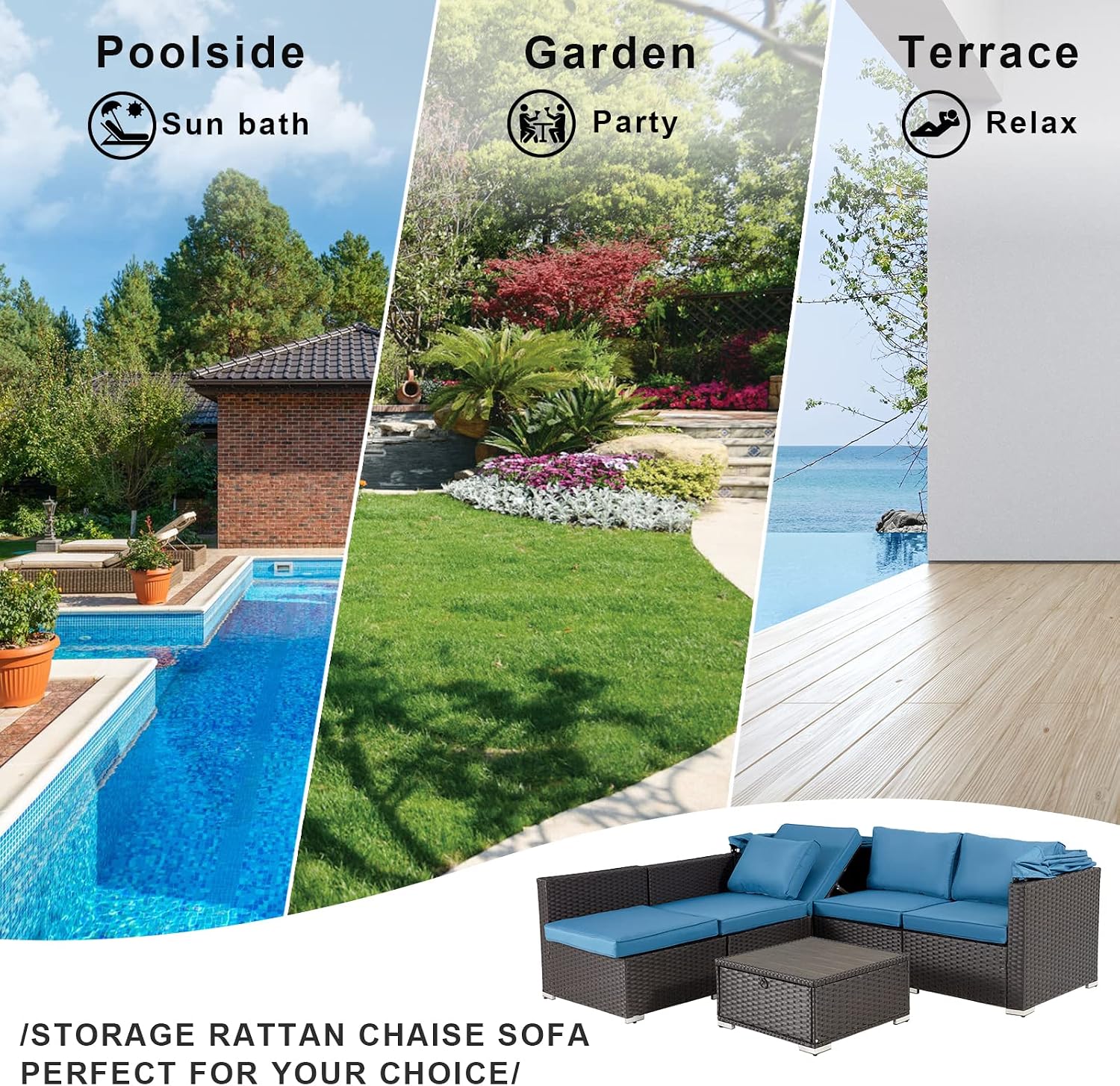 HOMREST 6 Pieces Patio Furniture Sets, Rattan Daybed with Retractable Canopy, Outdoor Sectional Sofa Set with Adjustable Backrest, Chaise Chair Sunbed for Garden Poolside Backyard(Blue)