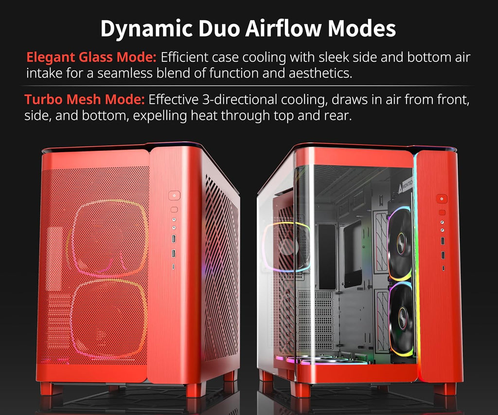 Montech, King 95 Dual-Chamber ATX Mid-Tower PC Gaming Case, High-Airflow, Toolless Panels, Sturdy Curved Tempered Glass Front and Side Panel, ARGB Lighting, Red