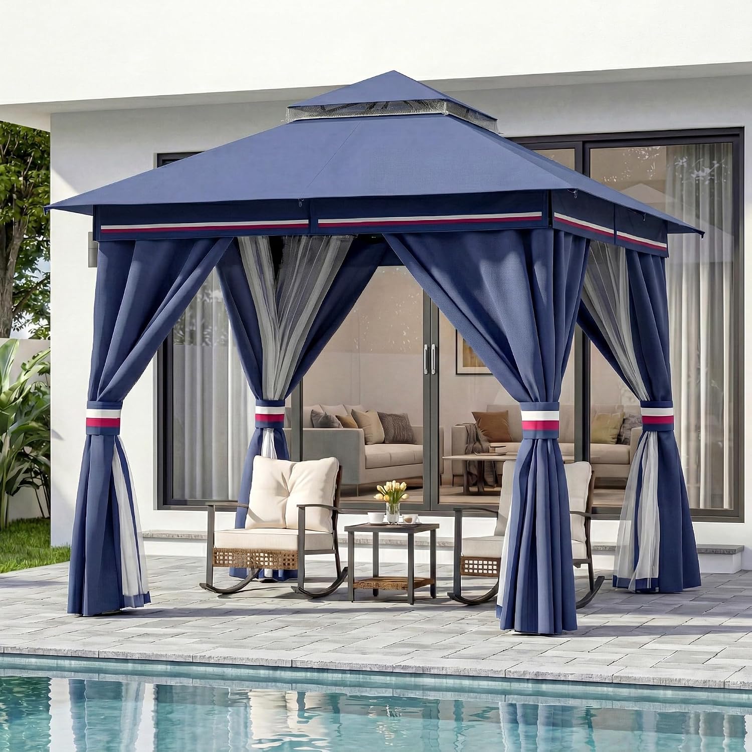 LAUSAINT HOME Gazebo 8x8ft, Heavy Duty Patio Gazebo with Expansion Bolts, Party Canopy Tent with Double Roofs, Mosquito Nettings and Privacy Screens for Backyard, Garden, Lawn, Classic Blue