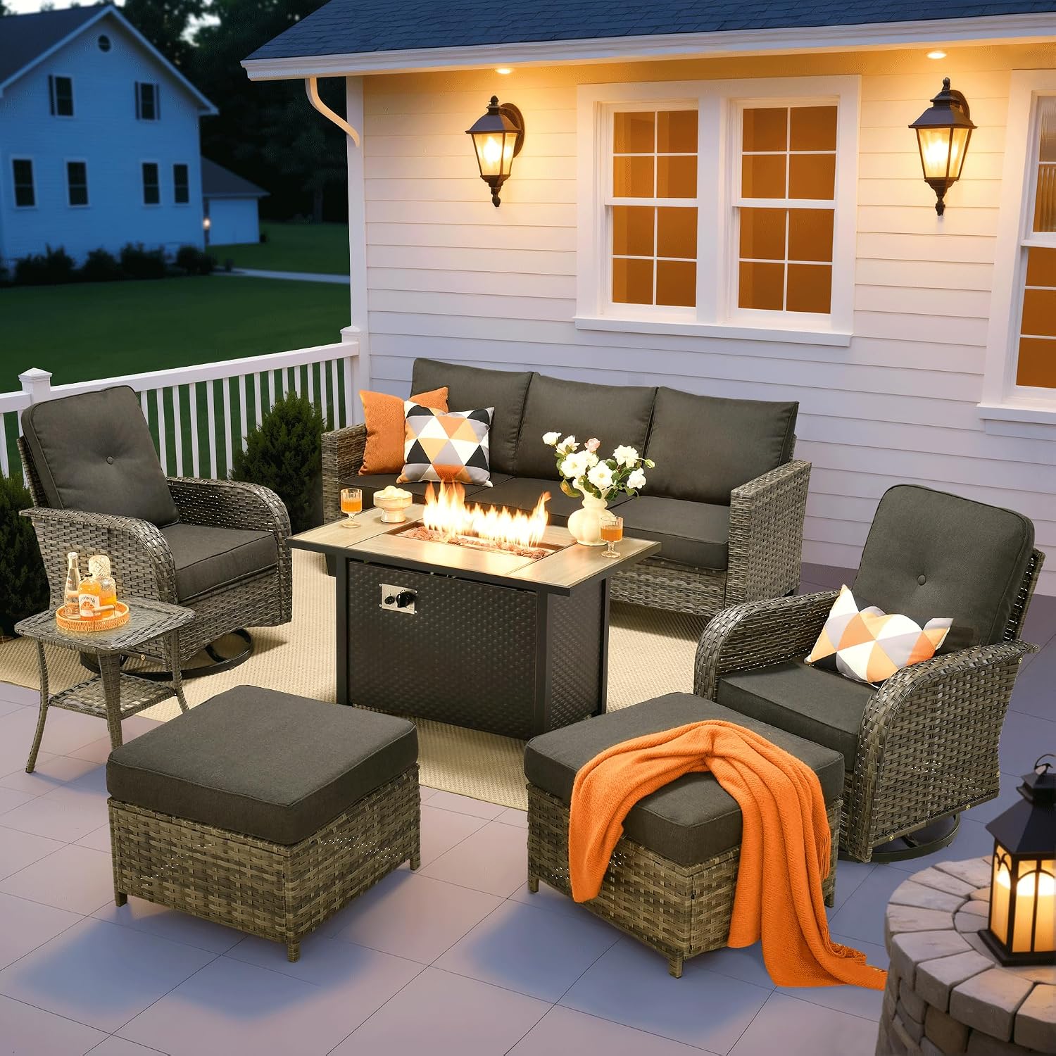 ovios 7 Pieces Patio Furniture Set, Outdoor Wicker Sofa Couch with Rocking Swivel Chairs Fire Pit Table, Modern Deep Seat Rattan Conversation Sets for Deck Porch, Black