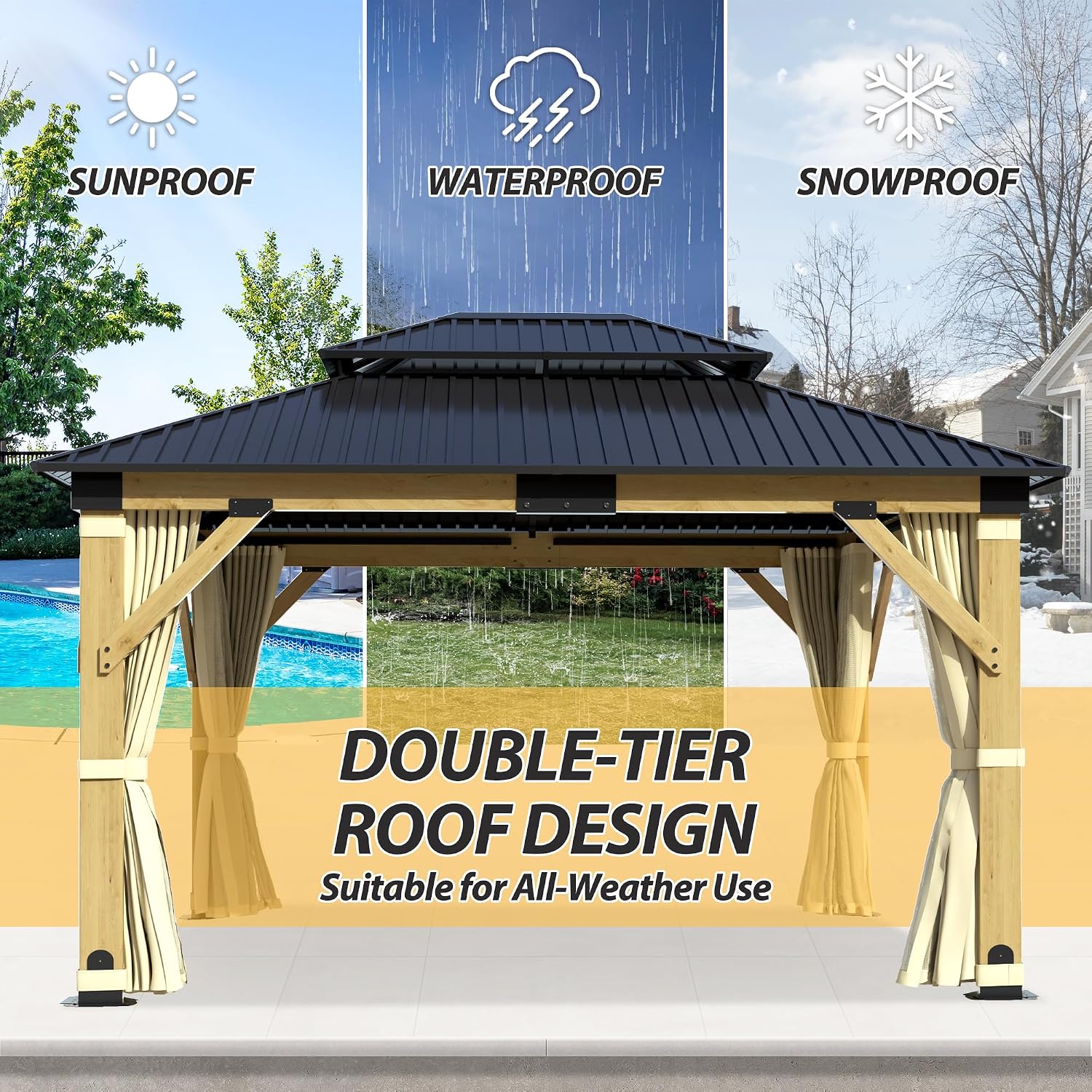 11'x13' Wood Gazebo, Hardtop Cedar Gazebos with Double Roof Galvanized Steel Top, Outdoor Solid Wooden Pavilion with Curtain & Netting for Garden, Patio, Deck, Backyard
