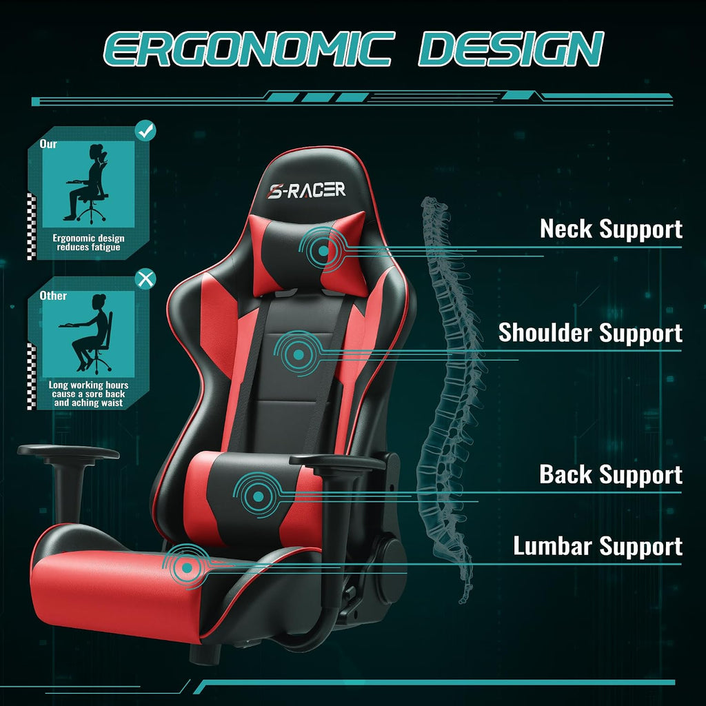 Furniwell Gaming Chair - High Back Computer Desk Chair with Headrest and Lumbar Support (Red)