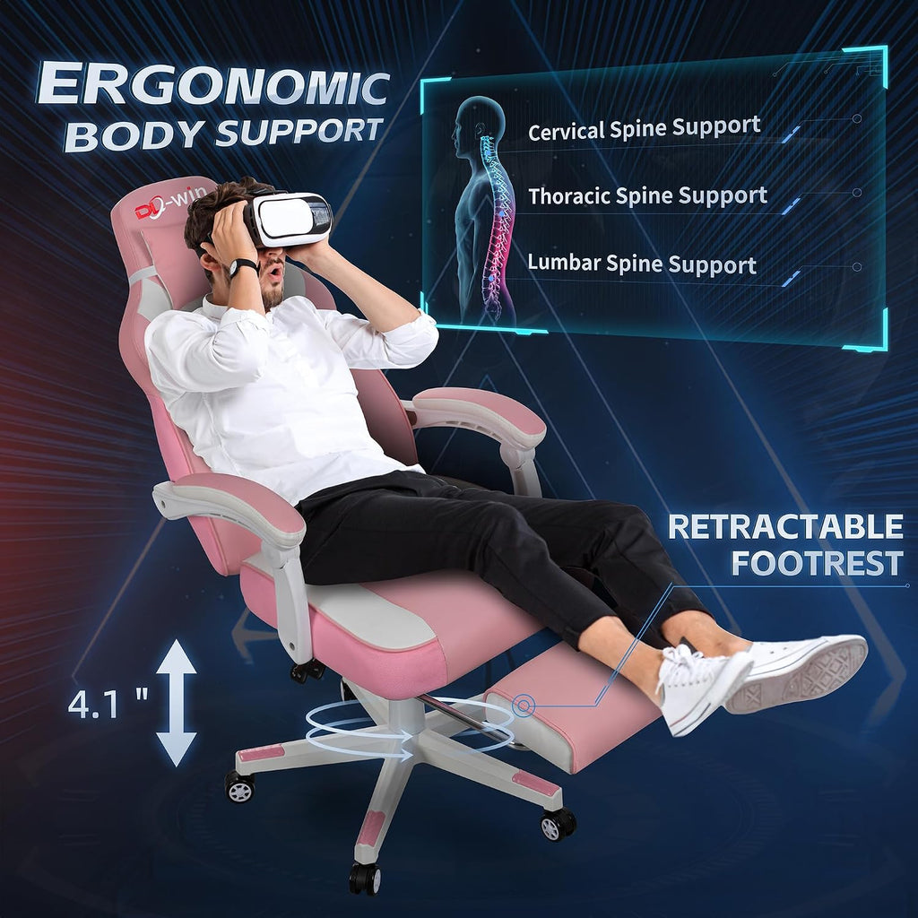 Gaming Chair with Footrest & Lumbar Support, Ergonomic Racing Style Computer Chair, 360° Swivel Height Adjustable Video Game Chair, Massage Office Chair Gaming Equipment, Pink