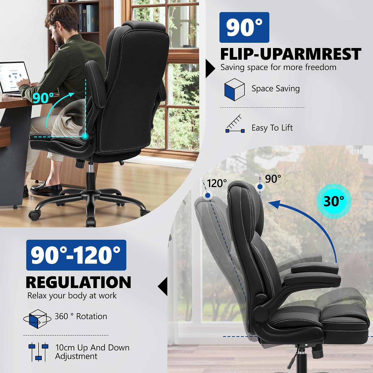 PU Leather Executive Office Chair, Ergonomic High-Back Computer & Gaming Chair with Adjustable Height, Rolling Swivel & Flip-Up Armrests, Comfy Padded Seat for Home Office-Black