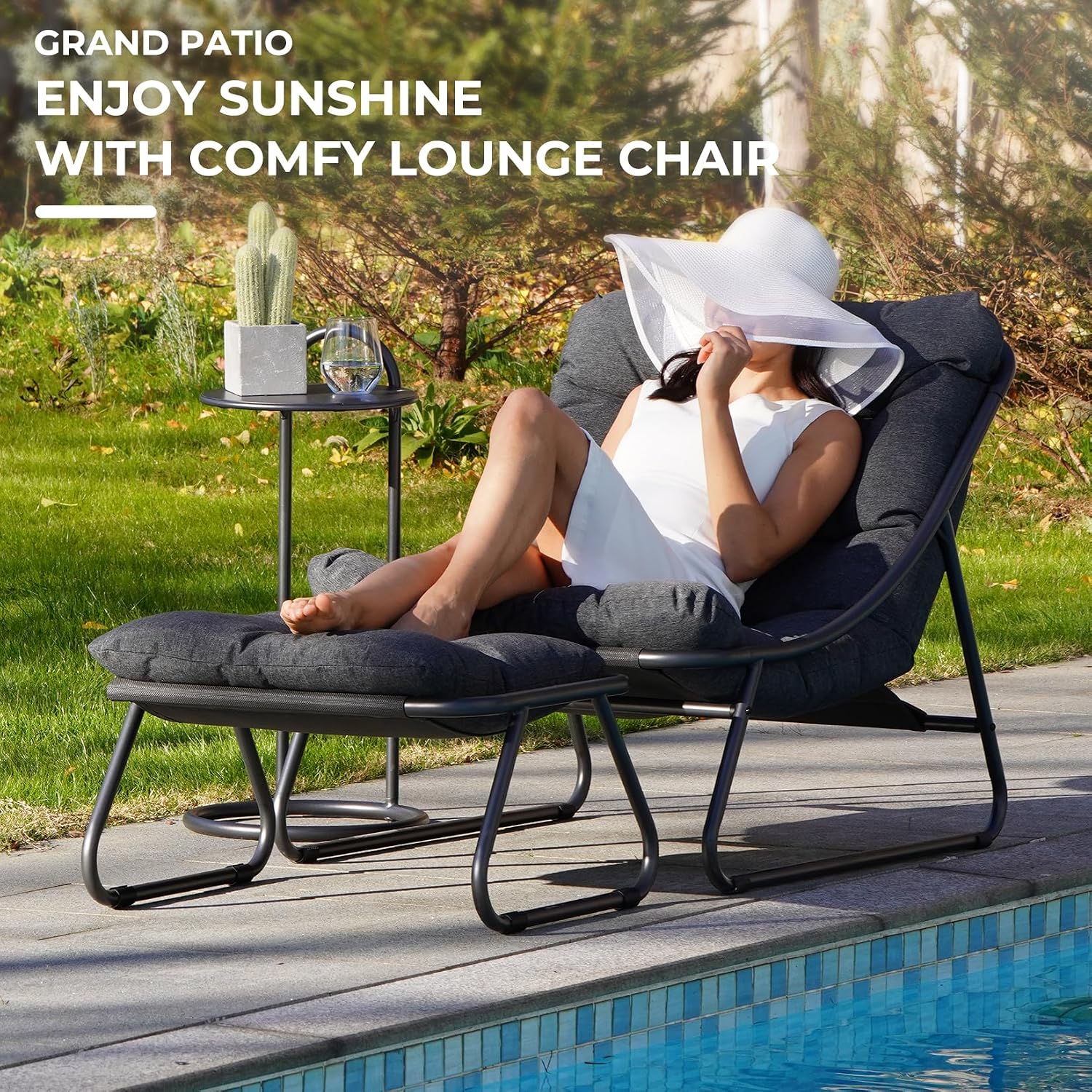 Grand patio Outdoor Chair with Ottoman, Comfy Lounge Chair with Puffy Cushion and Foot Rest, Modern Metal Chair for Patio Porch Deck Living Room, Dark Gray