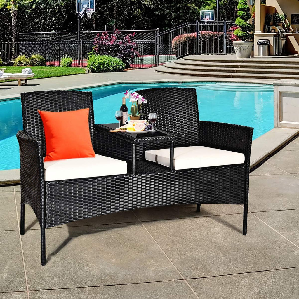 COSTWAY 2-Seat Patio Conversation Sets, Outdoor Patio Loveseat Set with Removable Cushions & Built-in Coffee Table for Backyard, Garden, Lawn, Balcony, Black+Beige