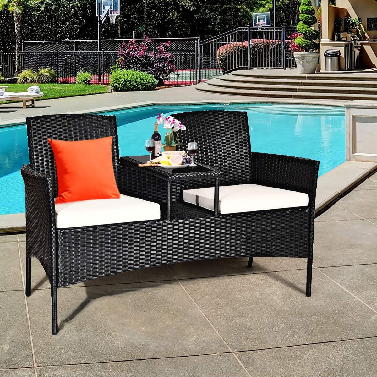 COSTWAY 2-Seat Patio Conversation Sets, Outdoor Patio Loveseat Set with Removable Cushions & Built-in Coffee Table for Backyard, Garden, Lawn, Balcony, Black+Beige