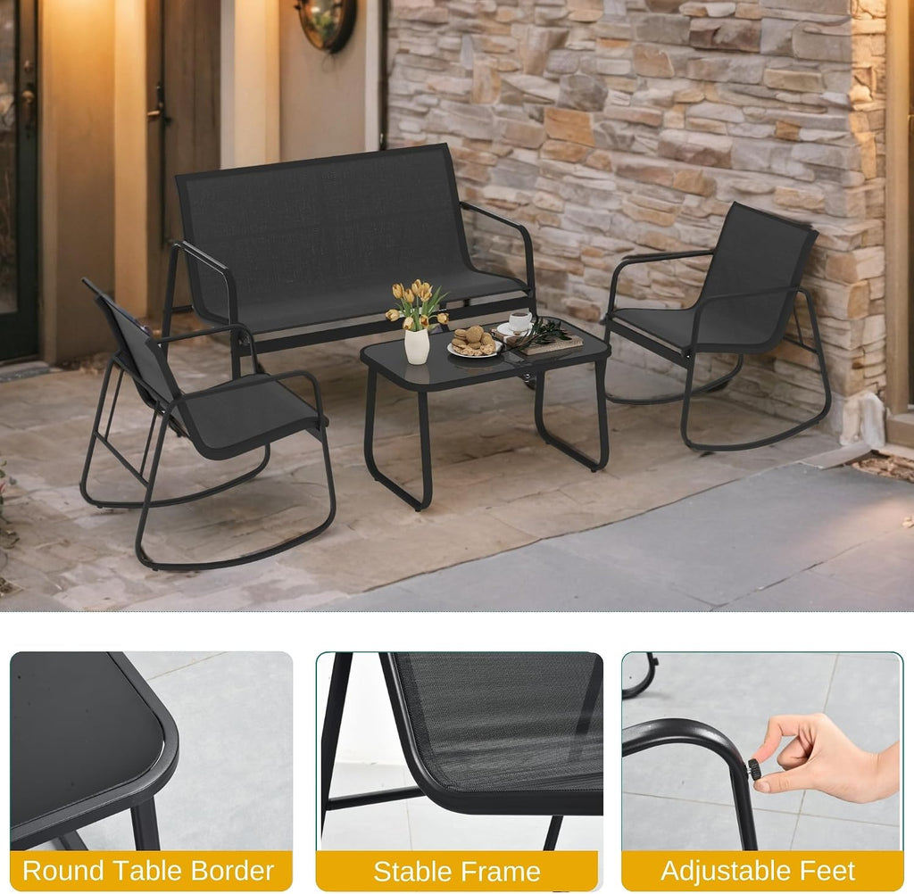 DWVO 4-Piece Patio Furniture Set, Textilene Conversation Set with 2 Rocking Chairs and Tempered Glass Coffee Table, Ideal for Indoor Patio Lawn Garden Poolside, Black