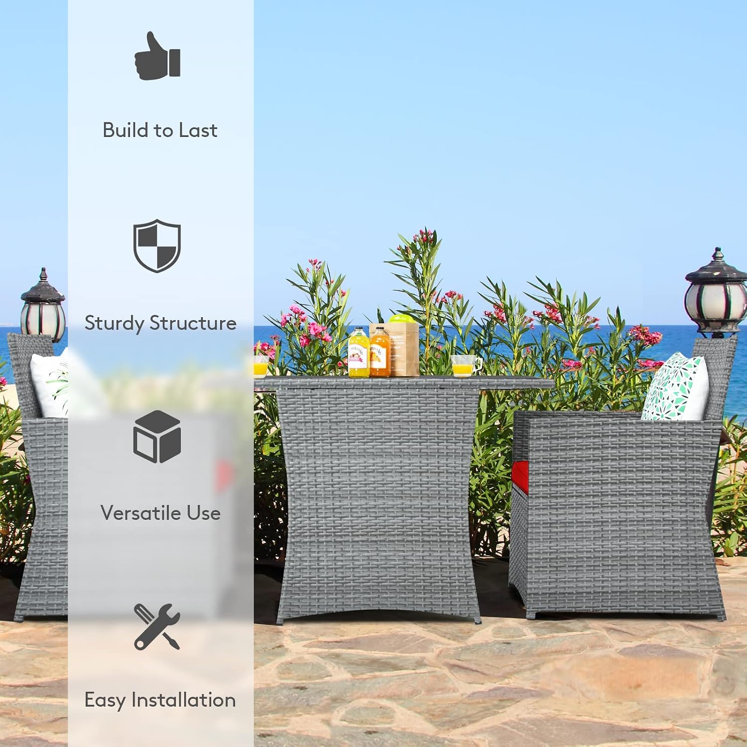 Tangkula 3 Pieces Patio Dining Set, Patiojoy Space-Saving PE Rattan Bistro Set with Tempered Glass Top Table and Cushioned Chairs, Outdoor Conversation Set for Garden, Backyard, Poolside, Porch (Red)