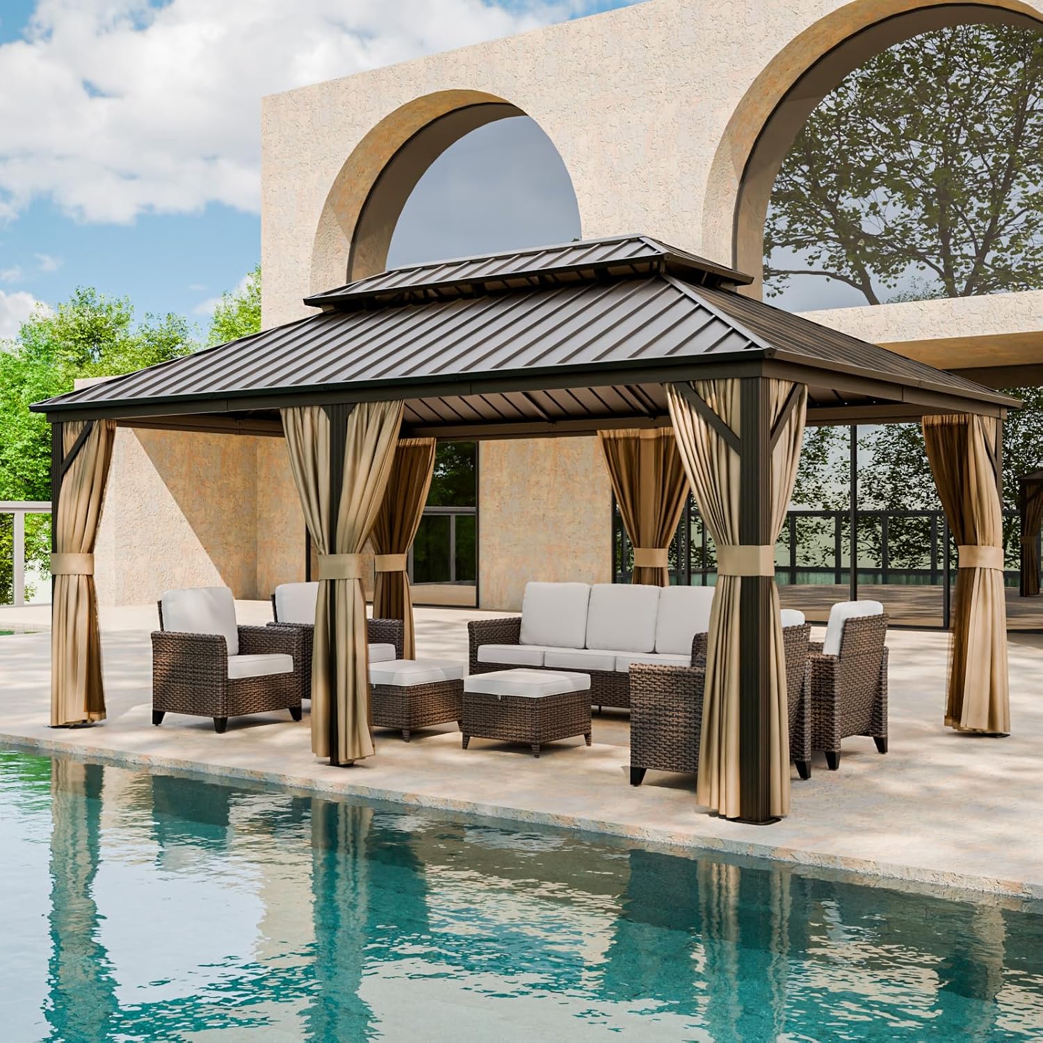 12x18 Hardtop Gazebo with Netting and Curtains, Galvanized Steel Double Roof Outdoor Pavilion with Aluminum Frame, Patio Gazebo for Deck, Garden, Lawn, Dark Brown/Tan