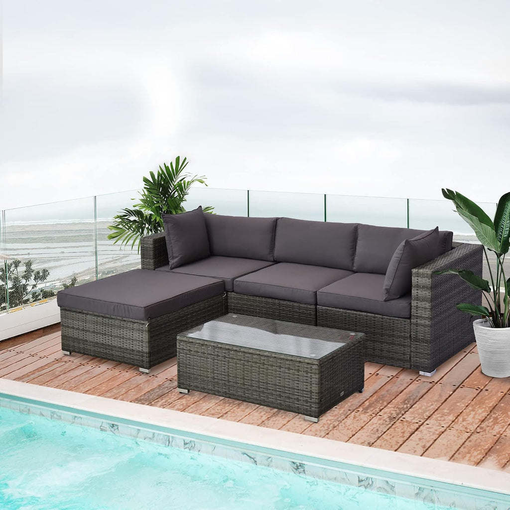 Outsunny 5-Piece Patio Furniture Set with Cushions, Outdoor PE Rattan Wicker Sofa Set, Sectional Furniture with Pillows, Glass Coffee Table for Garden, Backyard, Mixed Gray/Gray