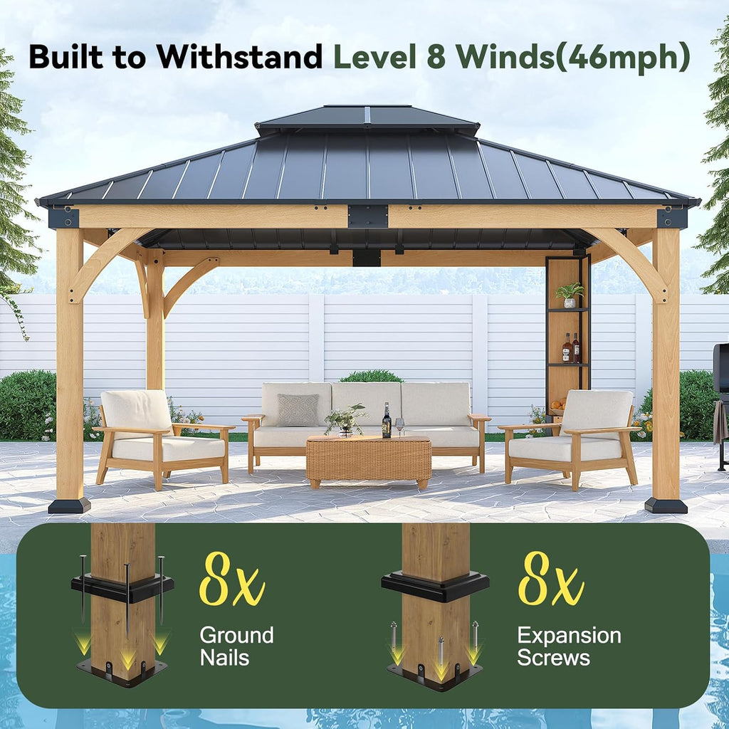 12x14 ft Cedar Wood Gazebo with Sunlight Roof &Storage Cabinet, Hardtop Gazebo with Galvanized Steel Double Roof, Heavy Duty Pavilion for Patio Lawn and Garden