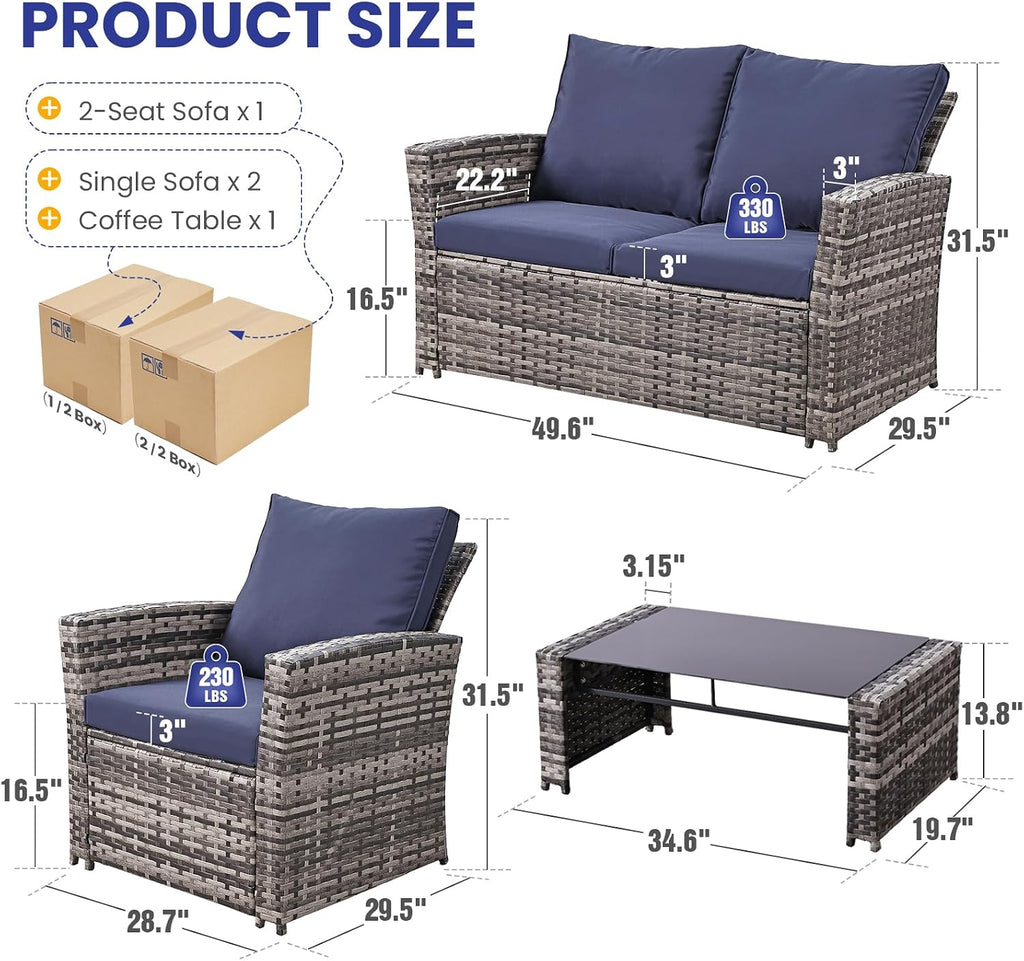 FHFO 4 Piece Patio Furniture Set, Wicker Outdoor Conversation Furniture Set, All Weather Patio Sofa Couch with Cushion & Glass Table, Grey/Blue