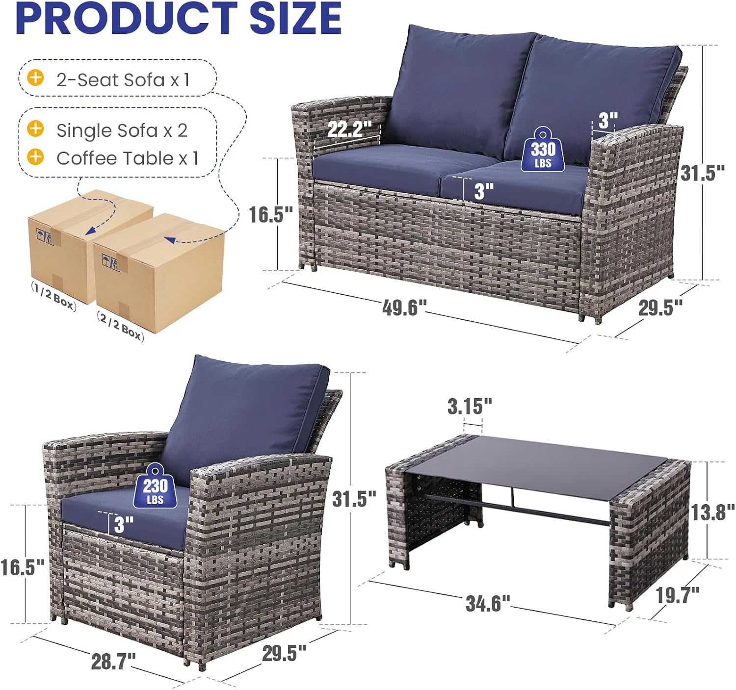 FHFO 4 Piece Patio Furniture Set, Wicker Outdoor Conversation Furniture Set, All Weather Patio Sofa Couch with Cushion & Glass Table, Grey/Blue