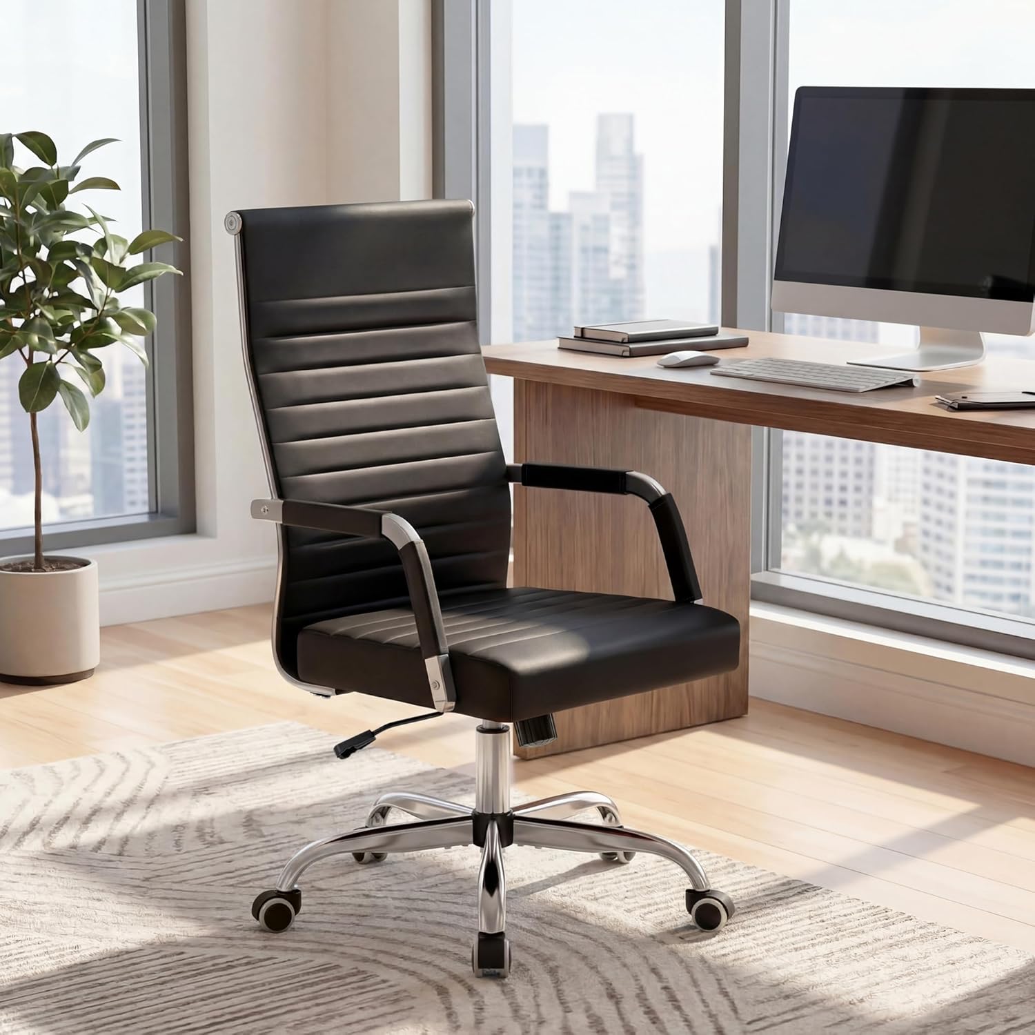 Furmax Ergonomic Office Desk Chair, Executive Ribbed Mid-Back PU Leather Conference Room Chair Adjustable Swivel Chair with Arms (2 pcs, Black)