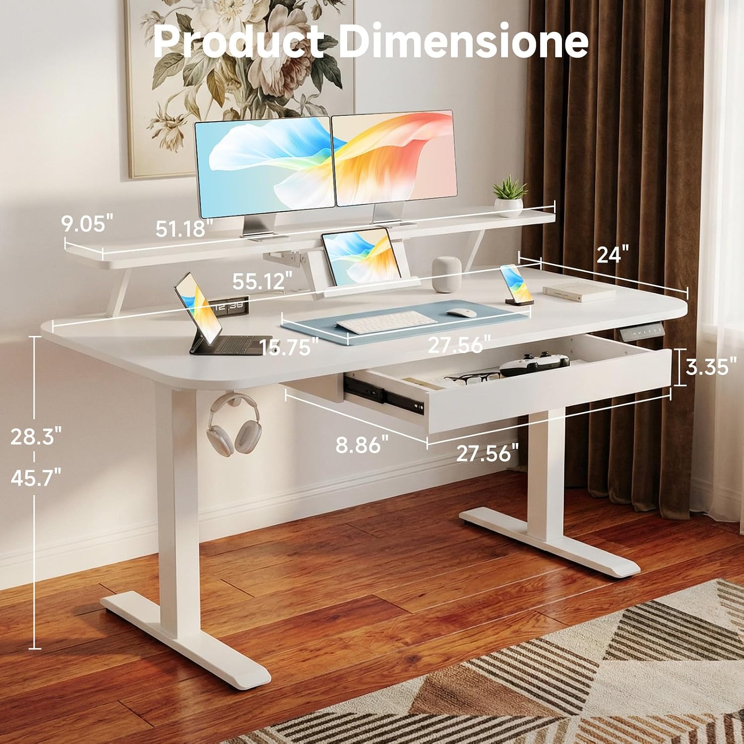 GTPLAYER Electric Standing Desk with Drawers, 55 x 24 Inches Height Adjustable Computer Desk with Monitor Stand, Laptop Stand, Home Office Sit Stand Up Desk with Memory Preset, White