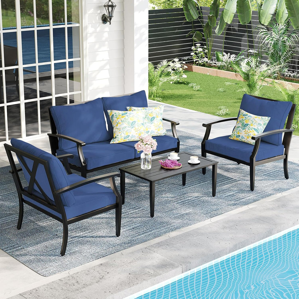4-Piece Patio Furniture Set, Wider Outdoor Metal Seating Sofa with High Back & Loveseat, Coffee Table, All Weather Metal Conversation Set for Backyard, Poolside, Deck-Navy