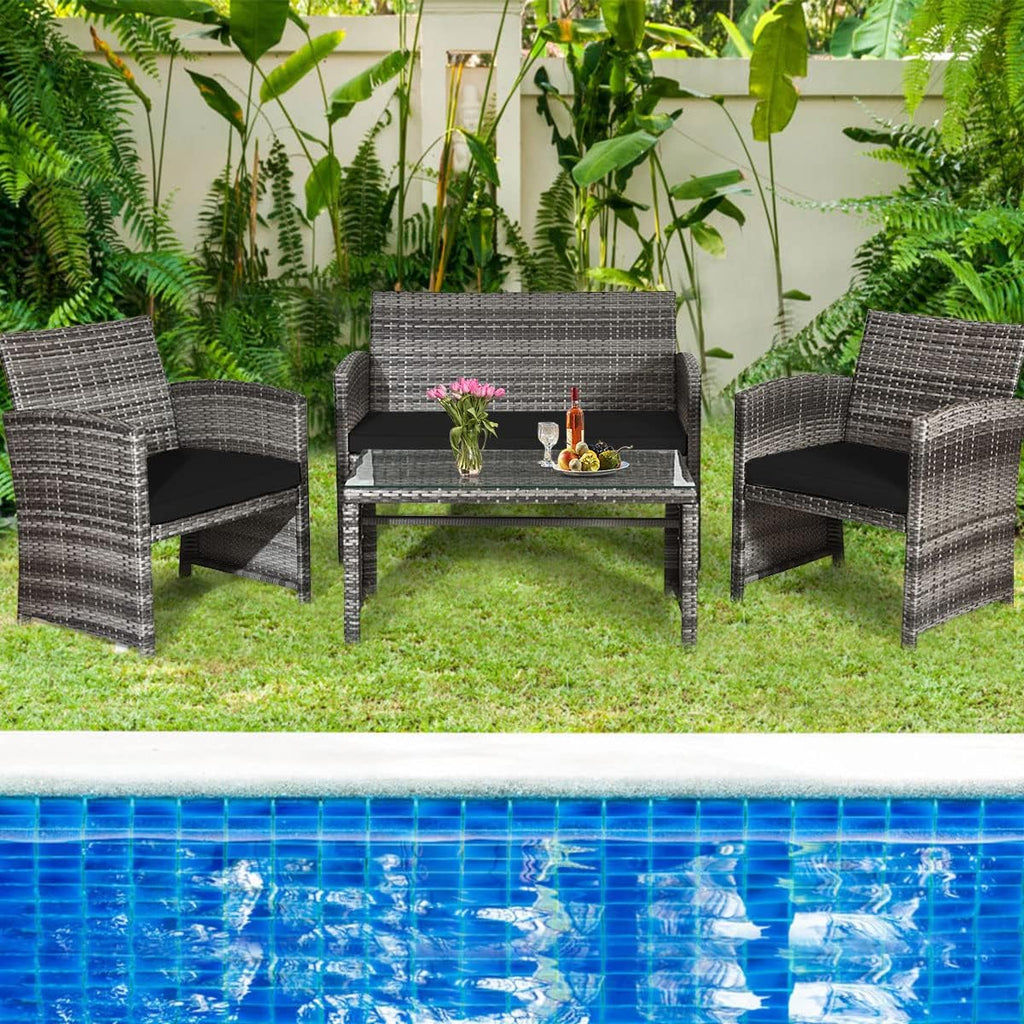 COSTWAY Patio Furniture Set 4 Pieces, Outdoor Wicker Chairs Sofa w/Coffee Table and Soft Cushions, Rattan Conversation Sets for Patio Lawn Backyard Yard Pool Garden, Black