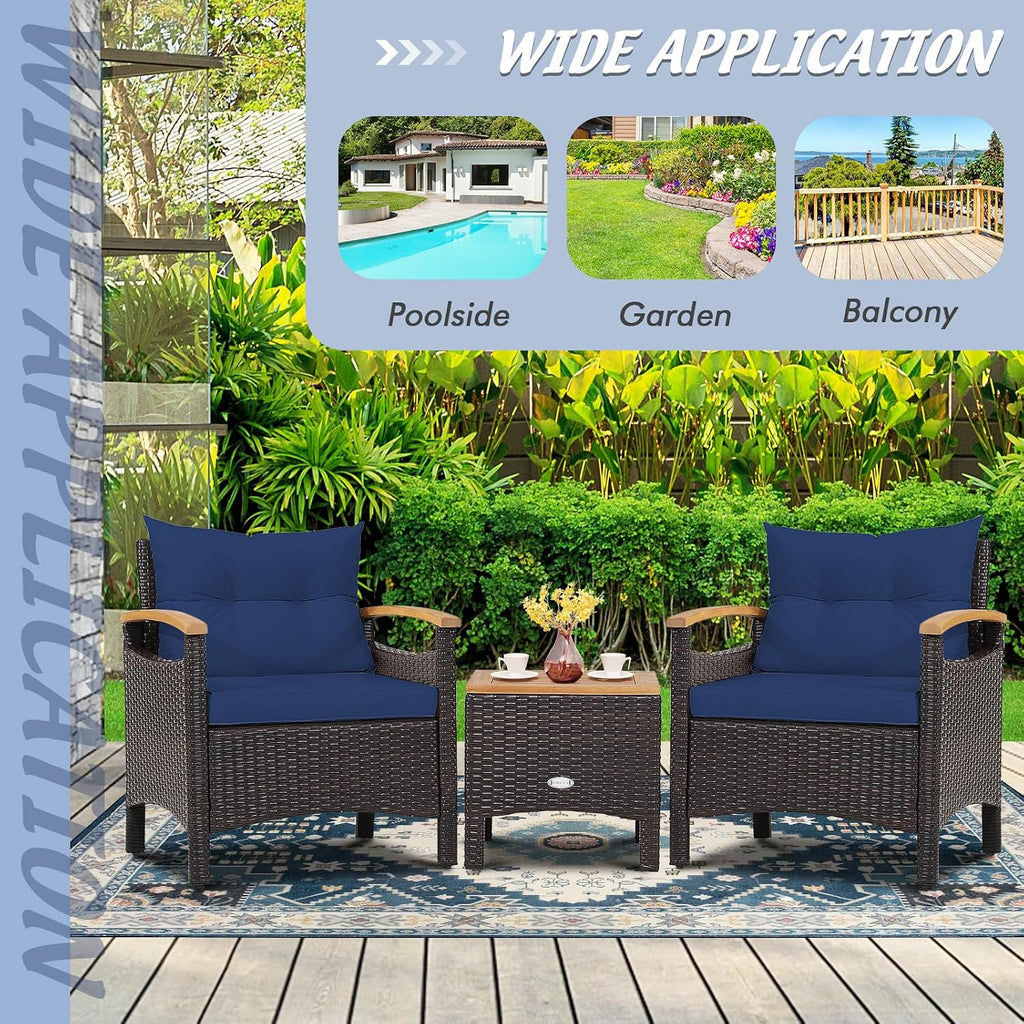 Tangkula 3-Piece Patio Furniture Set, Patiojoy Outdoor Rattan Sofa Set with Coffee Table, Patio Conversation Set with Removable Cushion, Cozy Acacia Wood Armrests for Backyard, Poolside (Navy)