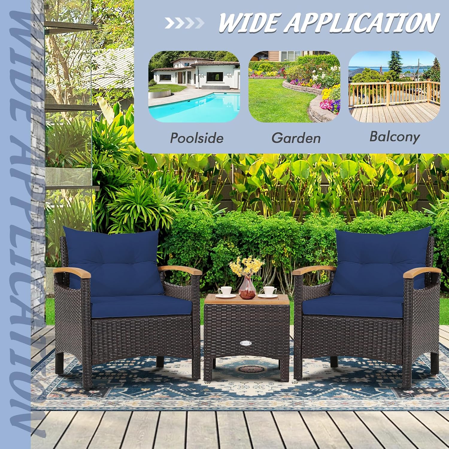 Tangkula 3-Piece Patio Furniture Set, Patiojoy Outdoor Rattan Sofa Set with Coffee Table, Patio Conversation Set with Removable Cushion, Cozy Acacia Wood Armrests for Backyard, Poolside (Navy)