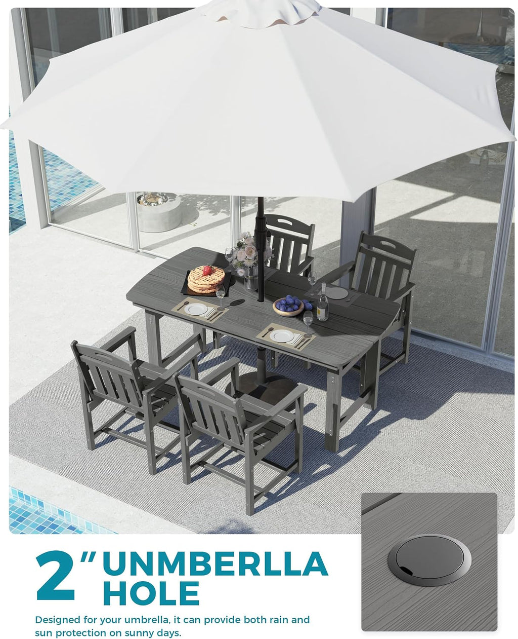 Ciokea HDPE Outdoor Dining Set, 5-Piece Patio Table and Chairs Set with Umbrella Hole, All-Weather Patio Dining Sets for 4, Durable Patio Furniture for Backyard, Garden, Lawn & Poolside, Grey