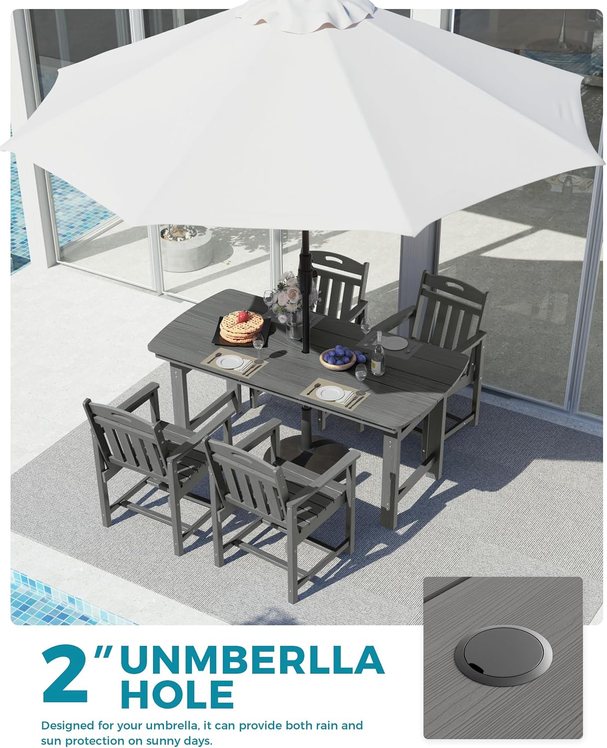 Ciokea HDPE Outdoor Dining Set, 5-Piece Patio Table and Chairs Set with Umbrella Hole, All-Weather Patio Dining Sets for 4, Durable Patio Furniture for Backyard, Garden, Lawn & Poolside, Grey