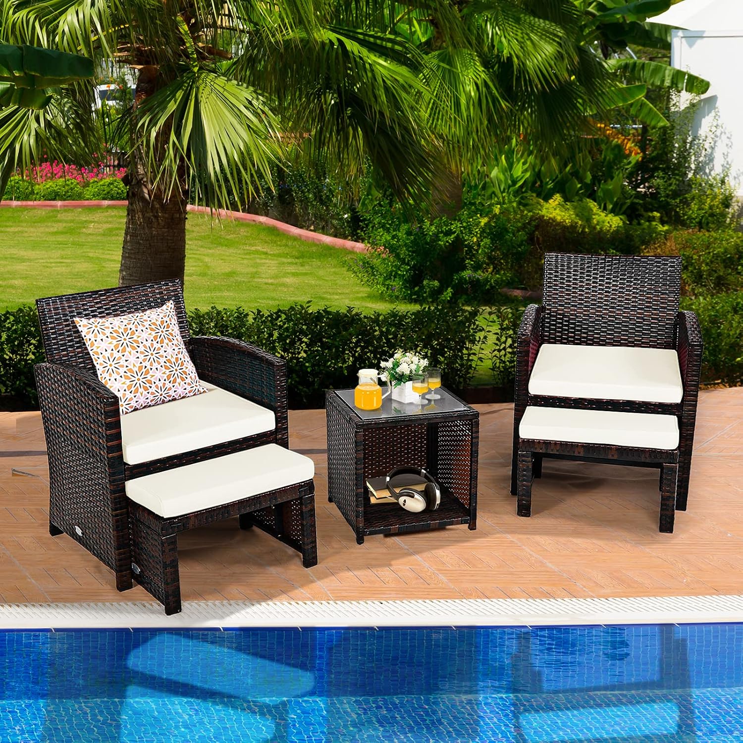 Tangkula 5 Pieces Wicker Patio Conversation Set, PE Rattan Outdoor Chairs & Ottomans Set with Single-Door Storage Coffee Table, Space-Saving Patio Furniture for Poolside, Backyard, Lawn, Deck (White)