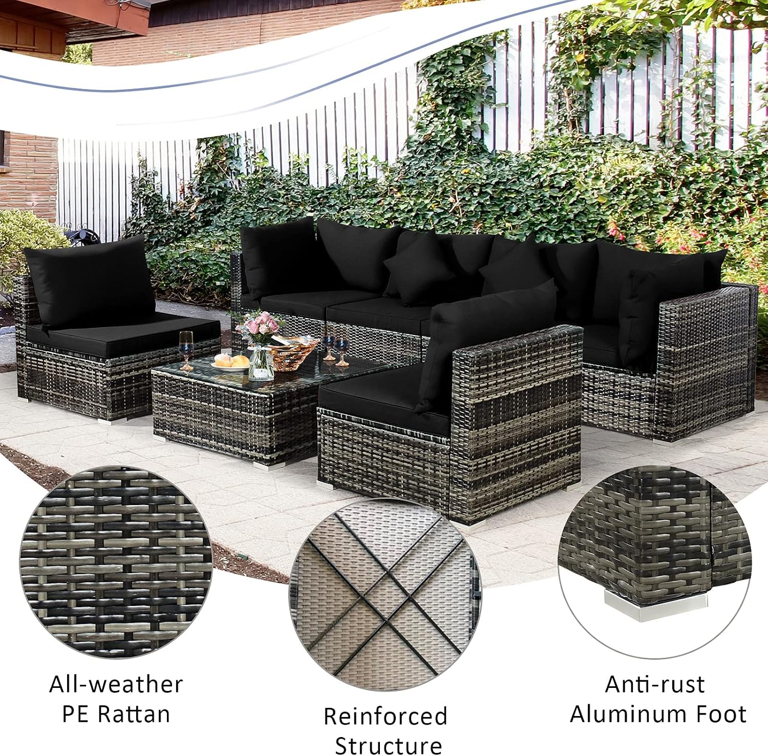 Tangkula 7 Pieces Patio Rattan Furniture Set, Patiojoy Outdoor Conversation Set with Cushions and Tempered Glass Coffee Table, All-Weather Sectional Sofa Set for Garden, Lawn, Backyard (Black)