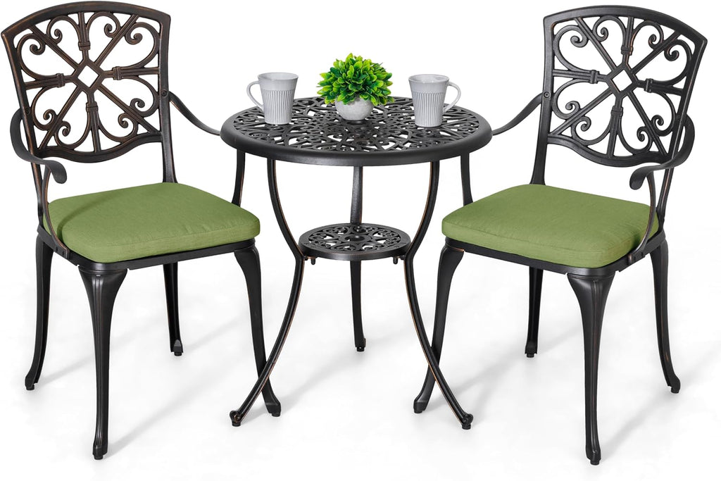 NUU GARDEN 3-Piece Outdoor Bistro Set with Cushions, Round 24 Inch Cast Aluminum Round Table with 1.77' Umbrella Hole and 2 Cast Aluminum Armchairs with Cushions, Black with Gold-Painted Edge