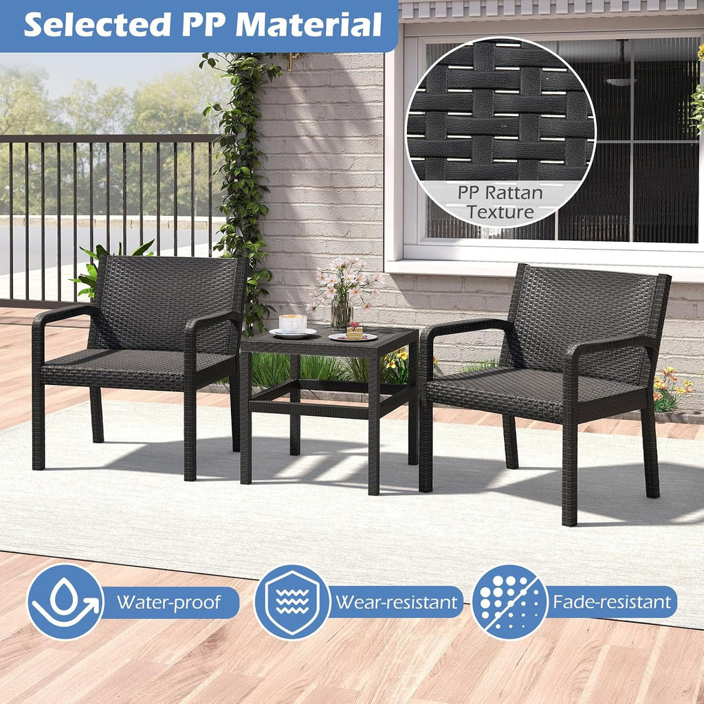 Tangkula 3 Piece Patio Furniture Set, Outdoor Wikcer Conversation Set with 2 Rattan Armchair & 25' Square Side Table, for Patio, Garden, Poolside, Bistro (Black)