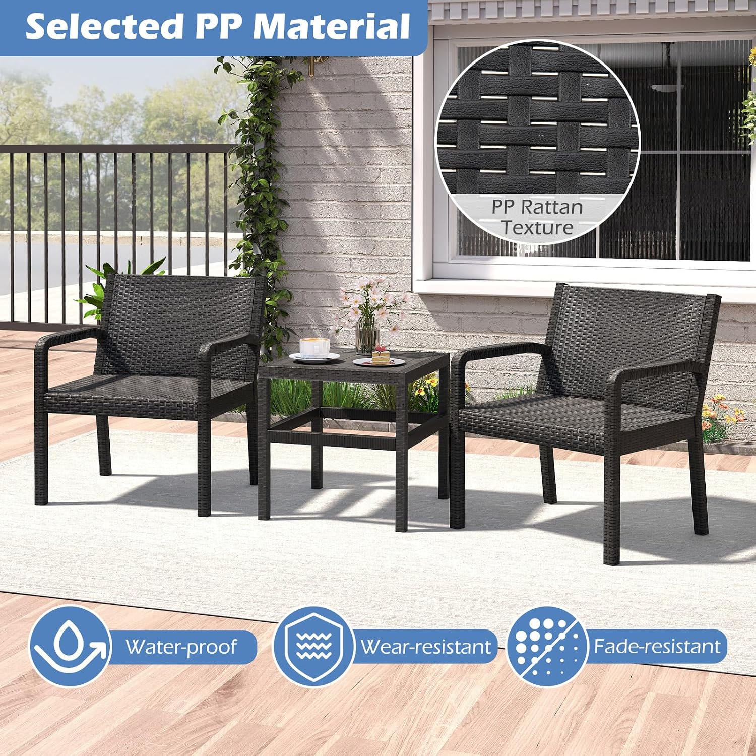 Tangkula 3 Piece Patio Furniture Set, Outdoor Wikcer Conversation Set with 2 Rattan Armchair & 25' Square Side Table, for Patio, Garden, Poolside, Bistro (Black)