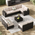 Jing's Villa 10-Piece Patio Furniture Set, All-Weather Outdoor Wicker Sectional Sofa with Cushions, Glass Table & Left and Right Armrest, Rattan Conversation Seating for Porch, Garden, Backyard,Beige