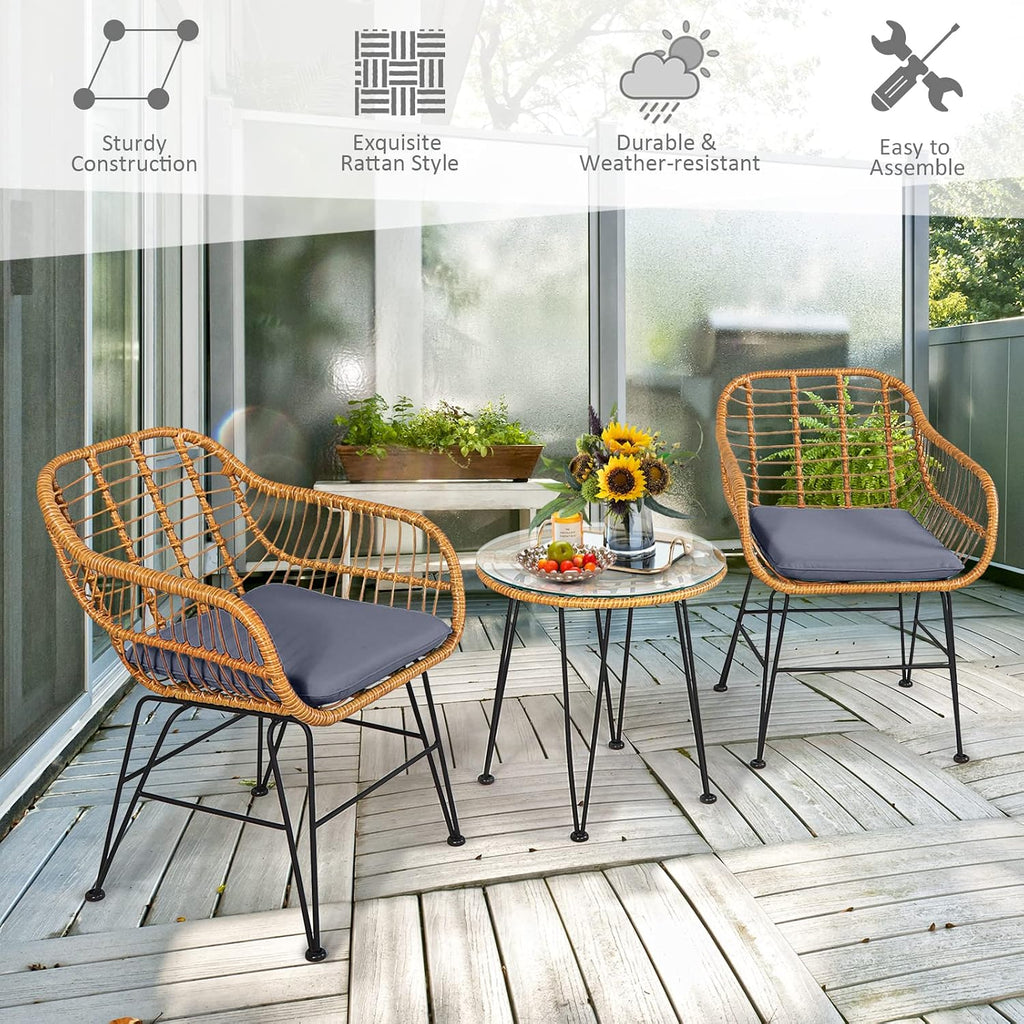 Tangkula 3 Pieces Patio Bistro Set, Rattan Conversation Set with 2 Cushioned Armchairs & Round Glass Coffee Table, Indoor Outdoor Wicker Furniture Set for Balcony, Backyard, Garden, Poolside