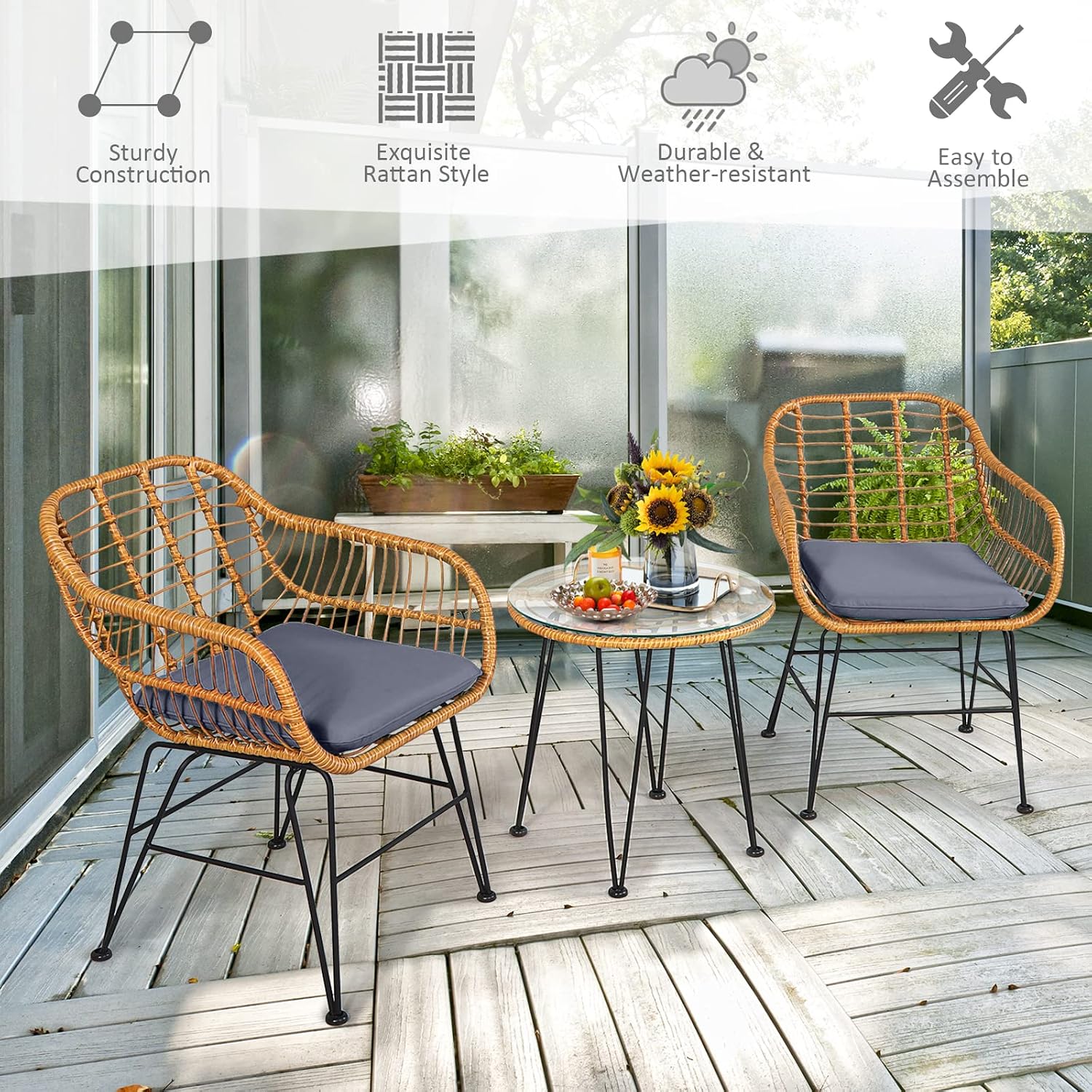 Tangkula 3 Pieces Patio Bistro Set, Rattan Conversation Set with 2 Cushioned Armchairs & Round Glass Coffee Table, Indoor Outdoor Wicker Furniture Set for Balcony, Backyard, Garden, Poolside