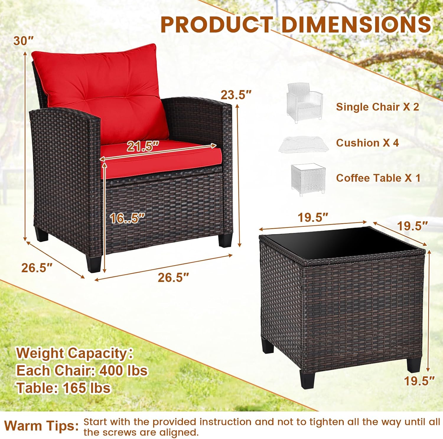 ORALNER 3 Pieces Patio Furniture Set, Outdoor Wicker Conversation Set Rattan Chairs with Cushions, Glass Coffee Table, Bistro Set for Front Porch Balcony Garden Deck Poolside (Red)