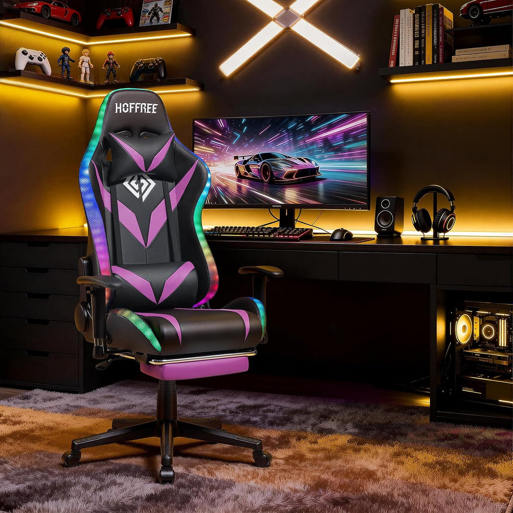 HOFFREE Gaming Chair with Bluetooth Speakers and Led Lights Massage Video Game Chair with Footrest Reclining High Back Computer Gamer Chair Purple and Black